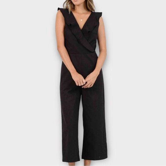 LUCCA Maui Cross Front Ruffle Jumpsuit Wide Leg Cropped in Black Women’s S - Picture 1 of 11